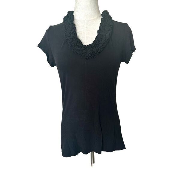 Grace black ruffle neck short sleeved  top - Picture 1 of 8
